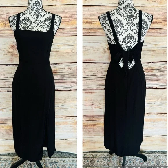 Wild Honey Black Square Neck Open Tie Smocked Back Sleeveless Maxi Dress Size M - Picture 1 of 15